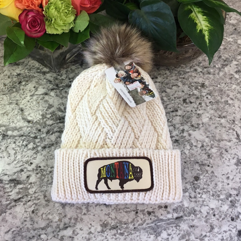 Ivory • M O N T A N A • bison patch Pom Beanie NWT
